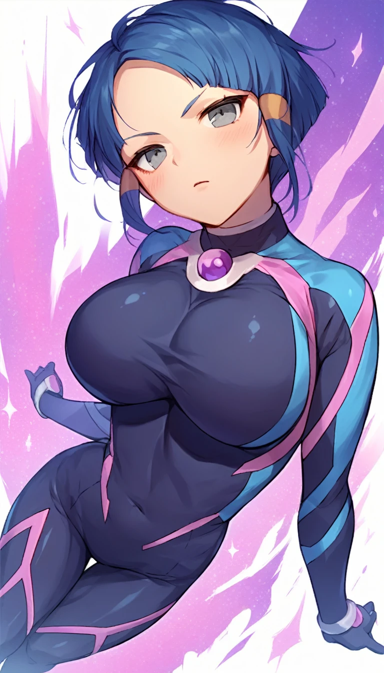 best quality,ultra detailed,solo,score_9, score_8_up, score_7_up, score_6_up, score_5_up, score_4_up, source_anime, 1girl, clara, blue hair, hair tubes, grey eyes, bodysuit,big breasts, standing sexy pose, (front view,portrait),full body,heavenly ass, heavenly breasts, big ass, no shoes, wearing black heels, upset, cute, face, long legs, tight bodysuit, tight sleeves, black bodysuit, half-closed eyes, backside, purple core, charging power, charging energy, dark energy, using power, using energy