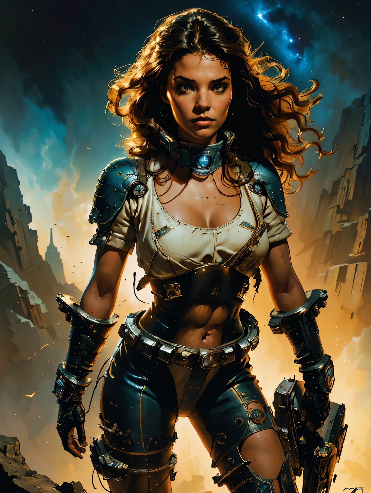 a young female space fighter pilot, sci-fi illustration, highly detailed cinematic fantasy portrait, black outlining, full color illustration, in the style of BORIS VALLEJO & JULIE BELL, masterpiece, 8k, ultra-detailed, physically-based rendering, vivid colors, dramatic lighting, intricate background, fantasy, photorealistic