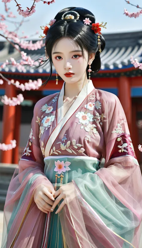 masterpiece,best quality,8k,official art,ultra high res,1girl,looking at viewer,chinese clothes,hanfu,jewelry,hair ornament,uppe...