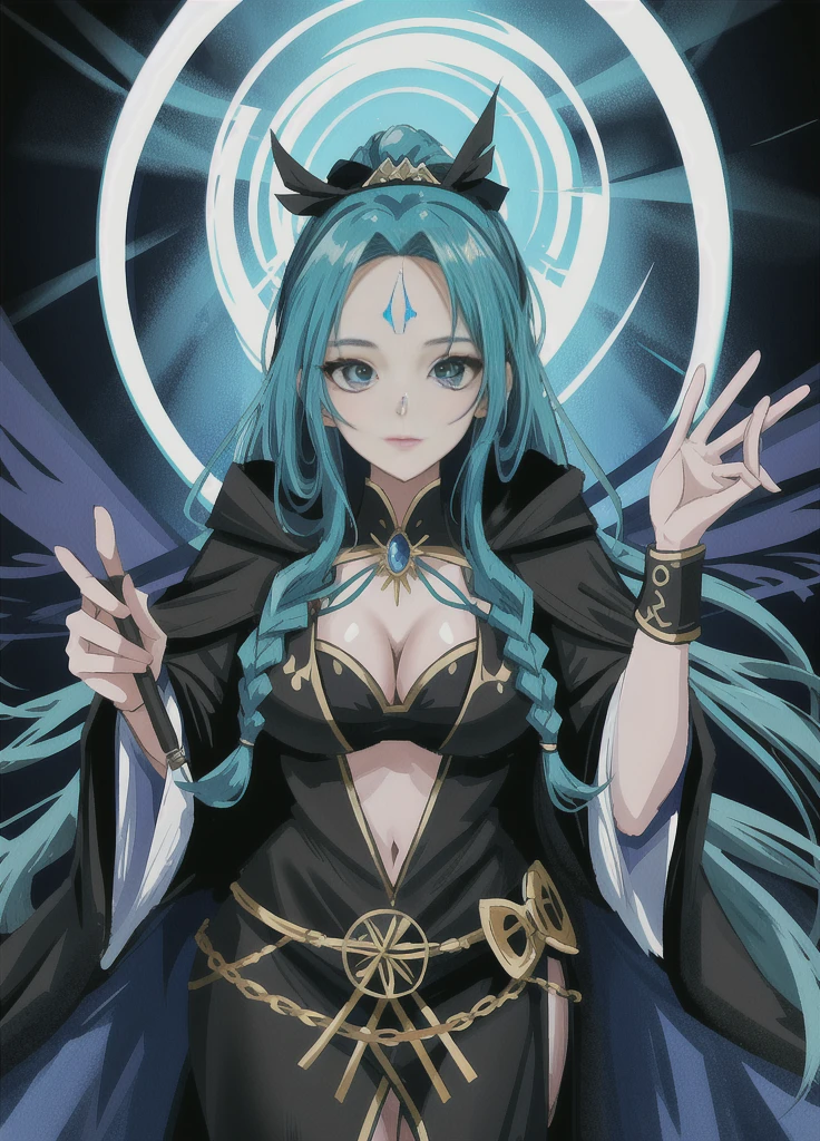 1. Witch Woman, Wearing a black robe with white parts, Have a magic wand, Blue rays behind her, Staring at the audience, Forehead mark, she has (Blue long hair) With braids (Green Eyes), Very large breasts, A blue magical aura swirling around her body, Around her is a forest filled with magical creatures., Anime Style, Symmetric, Anatomically correct, 16K, High resolution, 最high quality, Awards, high quality, Attention to detail, 超High resolution, masterpiece, Accurate