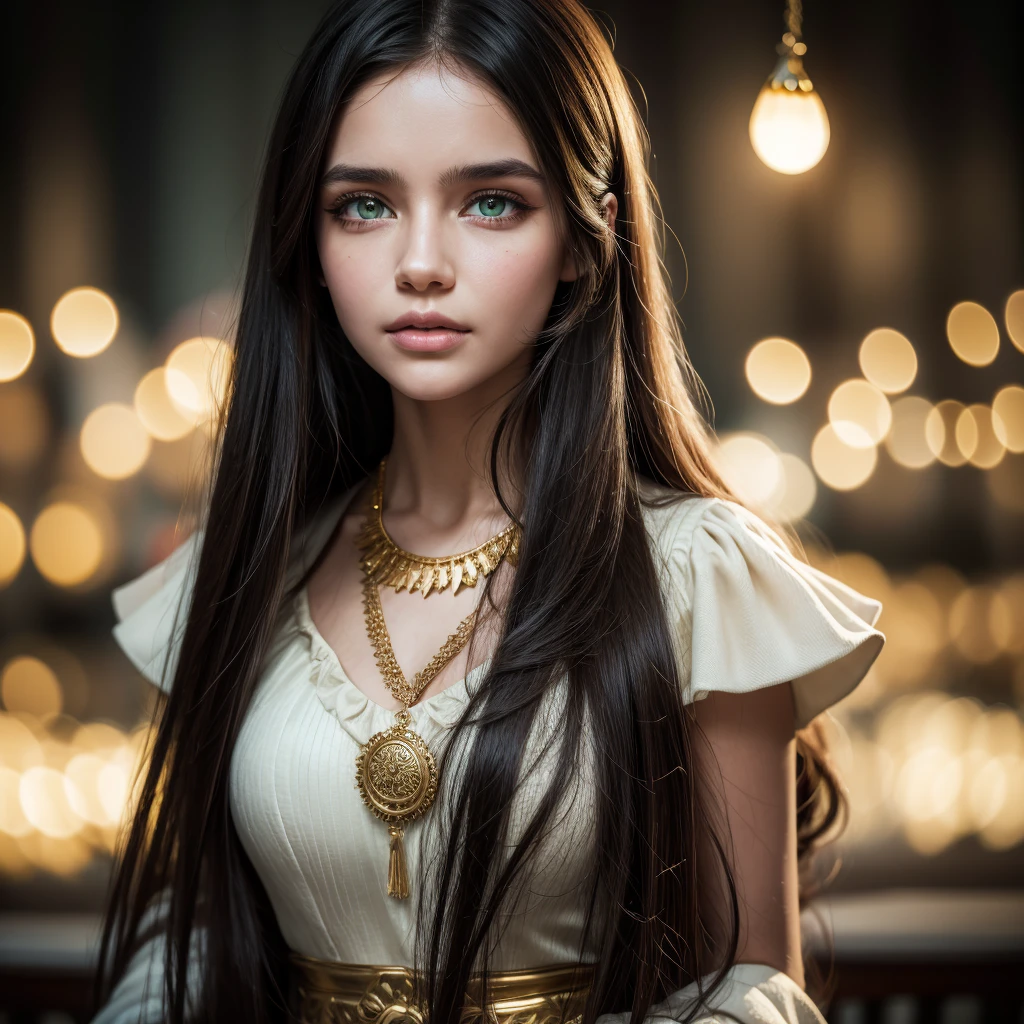 detailed portrait of a gypsy woman,1 girl,beautiful detailed eyes,green eyes,long black hair,white blouse with gold medals,red ruffled skirt,shell necklaces,intricate patterns and textures,high quality,4k,8k,ultra-detailed,photorealistic,cinematic lighting,warm color tones,vibrant colours,dramatic lighting,fantasy,mystical,magical realism. 1 girl.