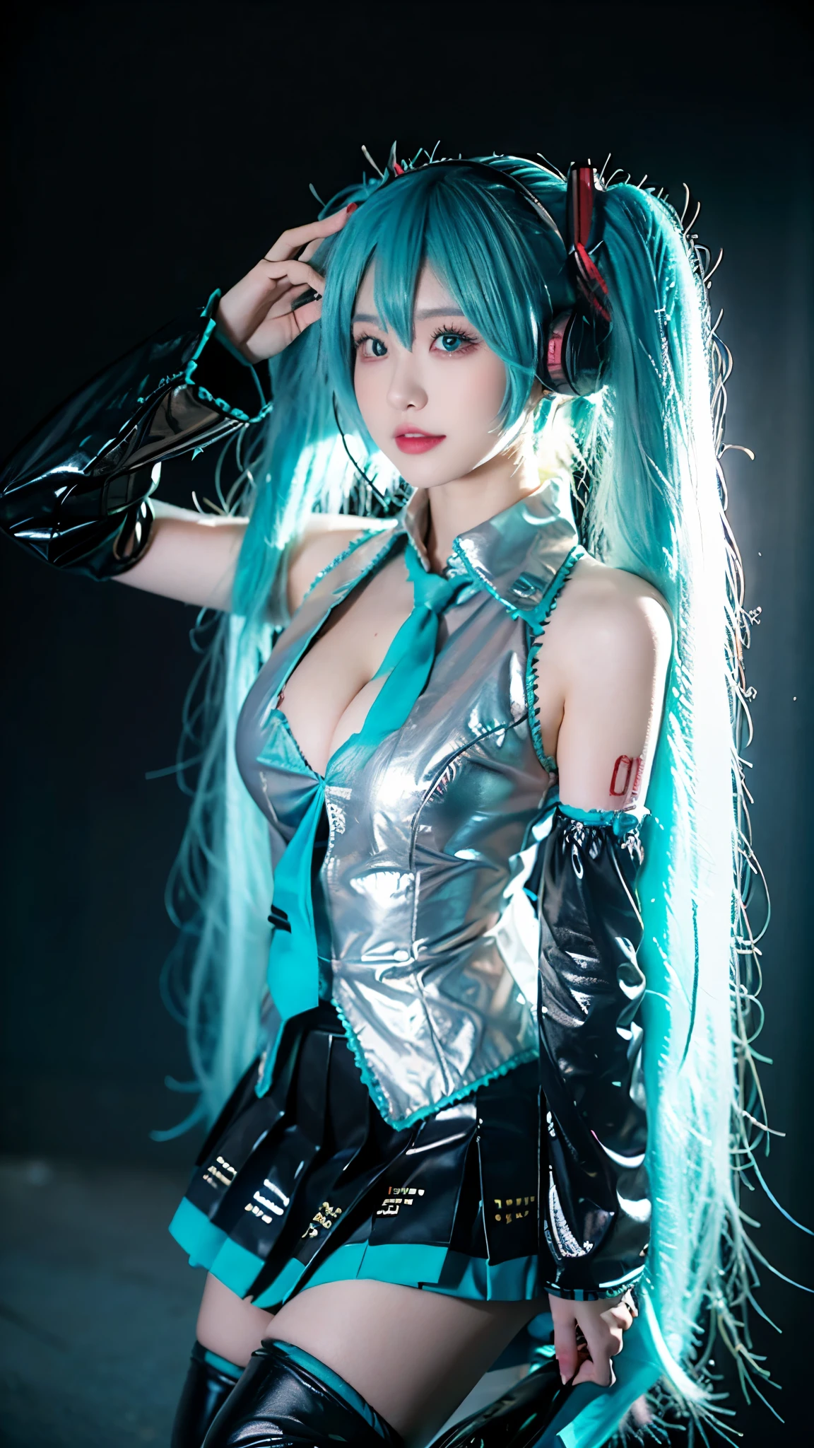 Hatsune Miku cosplay costume, Hatsune Miku, cosplay, pelo aguamarina, dos colas, cabello muy largo, adorno para el pelo, Auriculares, auriculares, camisa, falda, pleated falda, corbata, corbata de agua, mangas separadas, tatuaje, botas hasta el muslo, ((tiro de rodilla)),（obra maestra、mejor calidad、Alta resolución），((Práctico)),（fondo coloreado)，（toque de color），Dulce niña，Azul claro和白色的长发，(Azul claro, Cabello rosado)，chinos，brillante，((escote visible)), ((Valle Tipo I)), ((E cup)), Labios rojos y rosados，grietas grandes，toque de color，iluminación volumétrica，pechos llenos, postura elegante, Piernas delgadas y sexys