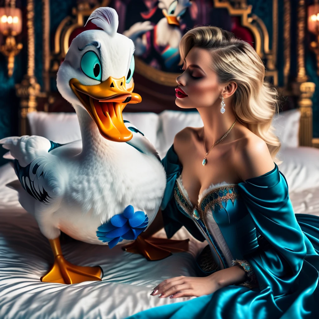 (obra de arte, 8K, Ultra HD, CRU), Uma garota loira sexy beijando um Pato Donald malvado na cama, (((uma linda jovem cavalgando em cima de um enorme e horrível Pato Donald))), (ela monta o Pato Donald masculino com feminilidade lasciva), seu lindo corpo é coberto por um sutiã de renda branca translúcida com bordado Art Nouveau, seios grandes e sexy empinados, suas feições delicadas e imaculadas contrastam com as horrendas e ameaçadoras presas do pato Donald macho corrompido, ilustrações vibrantes de corpo inteiro, esculpido intrincadamente, Retratos realistas e hiperdetalhados, queencore, retrata a vida real, a cena acontece em um luxuoso boudoir Art Nouveau com iluminação de estúdio, cetim de seda vermelho e verde-azulado