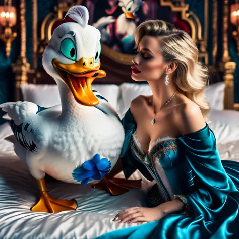 (masterpiece, 8K, UHD, RAW), A sexy blonde girl kissing a evil Donald Duck in bed, (((a beautiful young woman riding on top of o...
