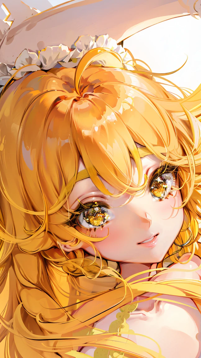 (masterpiece:1.2), (best quality:1.2), (ultra-detailed:1.2), finely detail, perfect anatomy, one girl, Yellow hair, long curly hair, big eyes, sparkling eyes, gradient hair, smile, long, yellow eyelashes,