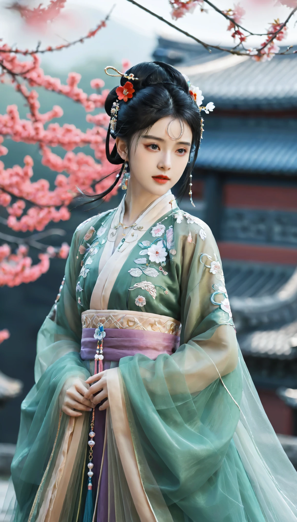 masterpiece,best quality,8K,official art,ultra high res,1girl,looking at viewer,chinese clothes,hanfu,jewelry,hair ornament,upper body,solo,earrings,hyper_galaxy,torii,flower,black hair,necklace,teeth,hair bun,dress,parted lips,hair flower,((full body)),dress,hanfu,embroidery,exquisite,meticulous,(tulle:1.4),