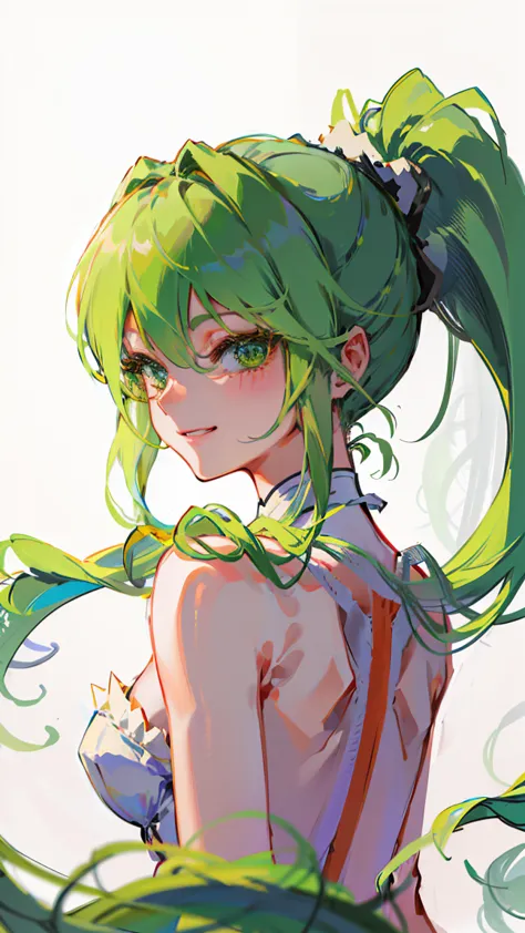 (masterpiece:1.2), (best quality:1.2), (ultra-detailed:1.2), finely detail, perfect anatomy, one girl, Green hair, ponytail hair...