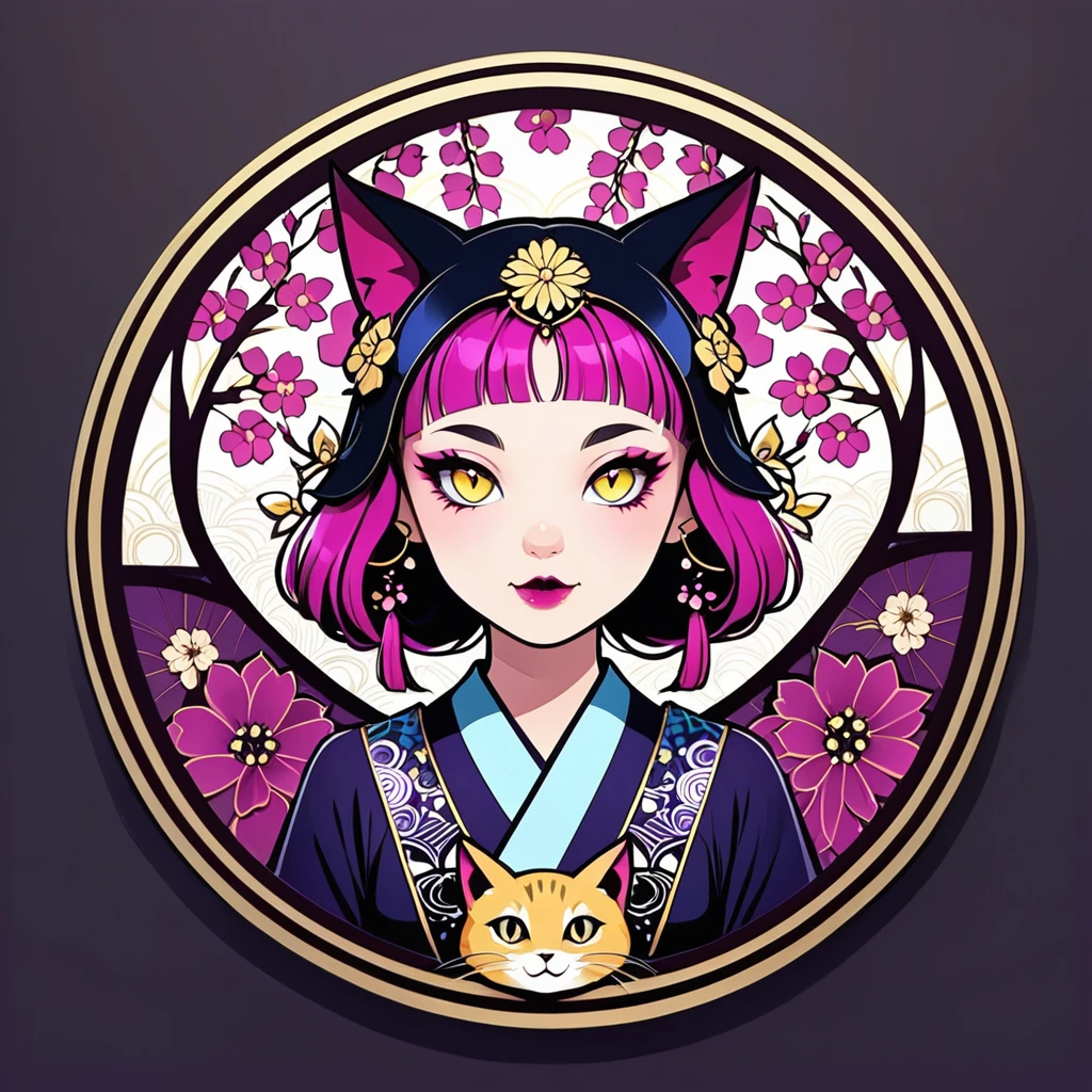 round frame, round circle, circular, create a Japanese circular seal kamon (very colorful with contrast) in the size of the picture on a white background, an indigo-gold art deco circle a floral art deco pattern in the middle the upper body picture of a stunning cat girl (long magenta hair,yellow cat eyes)with a beautifully designed clothing with georgeous patterns and flower hanfu headpiece. she is posing in front of plain graphic japanese background inside the round frame. cat ear, vampy fang,cateyes, pink cherry blossoms