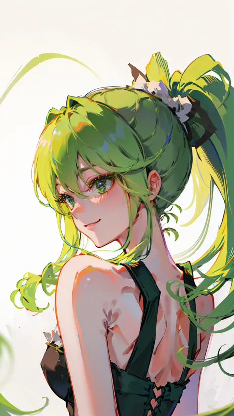 (masterpiece:1.2), (best quality:1.2), (ultra-detailed:1.2), finely detail, perfect anatomy, one girl, Green hair, ponytail hair...