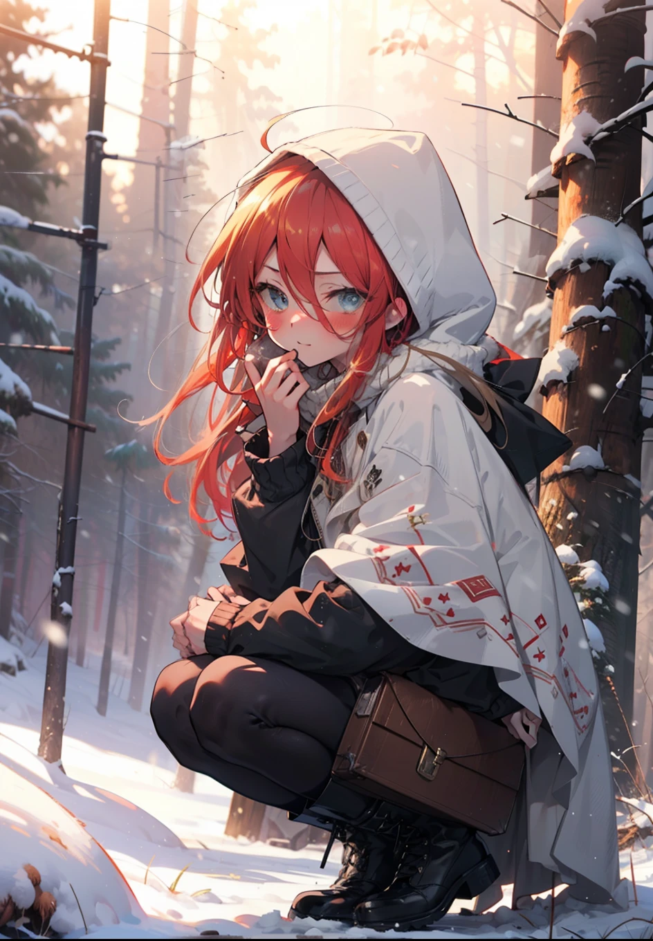 Shana,灼眼のShana,Long Hair, Redhead, Red eyes,Ahoge,,smile,blush,White Breath,
Open your mouth,snow,Ground bonfire, Outdoor, boots, snowing, From the side, wood, suitcase, Cape, Blurred, , forest, White handbag, nature,  Squat, Mouth closed, Cape, winter, Written boundary depth, Black shoes, red Cape break looking at viewer, Upper Body, whole body, break Outdoor, forest, nature, break (masterpiece:1.2), Highest quality, High resolution, unity 8k wallpaper, (shape:0.8), (Beautiful and beautiful eyes:1.6), Highly detailed face, Perfect lighting, Extremely detailed CG, (Perfect hands, Perfect Anatomy),