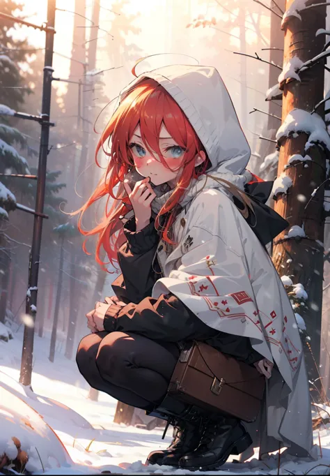 Shana,灼眼のShana,Long Hair, Redhead, Red eyes,Ahoge,,smile,blush,White Breath,
Open your mouth,snow,Ground bonfire, Outdoor, boots...