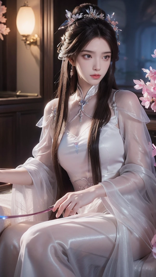 Long flowing brown hair，Fluorescent eyeshadow，Glowing pale eyeoon，Demon-free，Plush earoonlight，Flowing tulle，Best picture quality，Transparent flowers，Gradient petals，Flower hairpin，Noodles