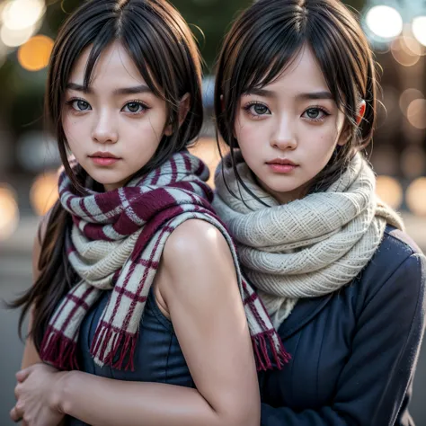 2 beautiful school girls, roromiya and ririchiyo, wearing  and scarf, masterpiece, best quality, 4k, ultra-detailed, realistic, ...