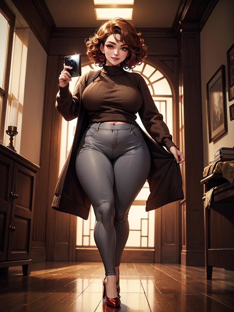 solo, (brown sweater), (gray pants), seductive smiling, (((standing to camera))), (red heels), (brown eyeshadow), (brown curly hair), ((voluptuous body)), (perky butt), (((mother))), radiant lighting, vibrant colors, whimsical atmosphere, 8K, high resolution, highly detailed, masterpiece, vibrant and luminous, dynamic and imaginative, beautiful and enchanting, charming and captivating