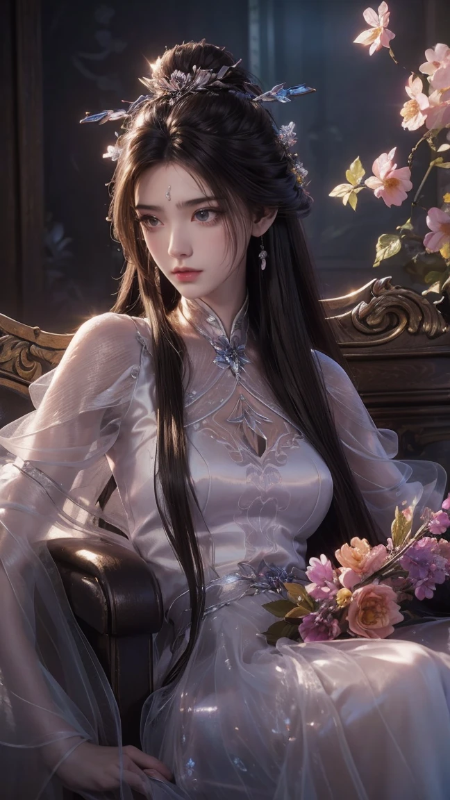 Long flowing brown hair，Fluorescent eyeshadow，Glowing pale eyeoon，Demon-free，Plush earoonlight，Flowing tulle，Best picture quality，Transparent flowers，Gradient petals，Flower hairpin，Noodles