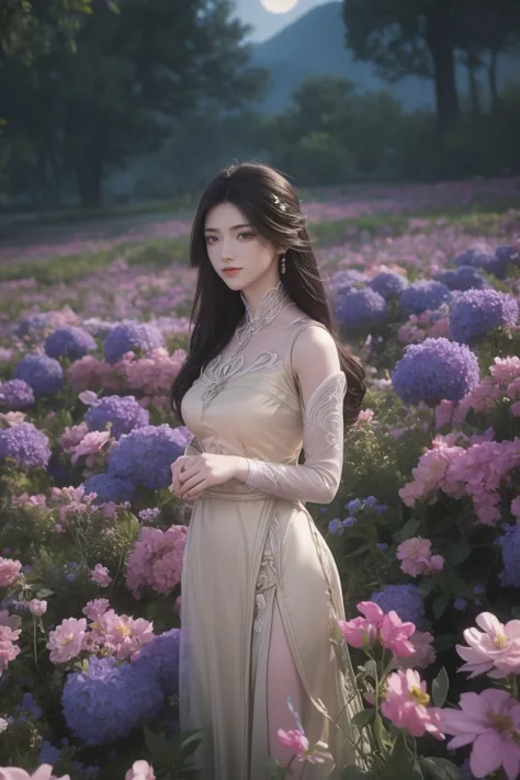 1girl, girl with long black hair, smiling, cheerful, girl is standing among a wide expanse of flowers,girl posing gracefully , s...