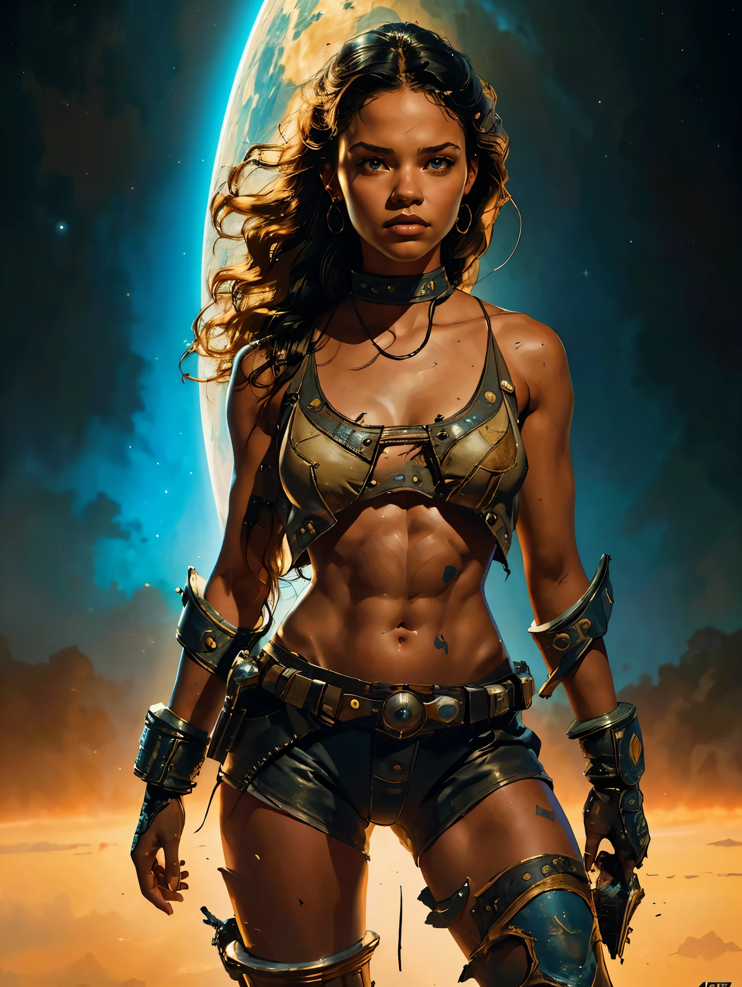 a young female space fighter pilot based on Jenna Ortega, sci-fi illustration, highly detailed cinematic fantasy portrait, black outlining, full color illustration, in the style of BORIS VALLEJO & JULIE BELL, masterpiece, 8k, ultra-detailed, physically-based rendering, vivid colors, dramatic lighting, intricate background, fantasy, photorealistic