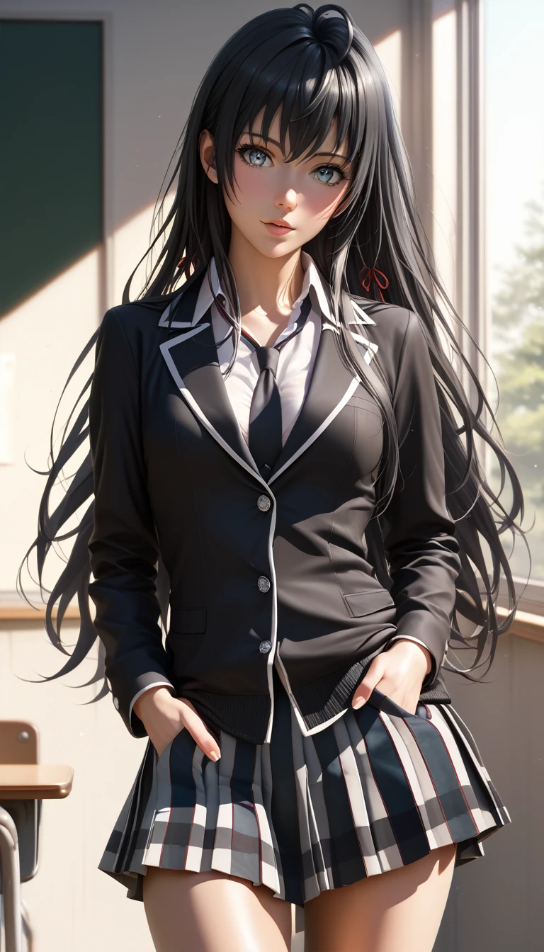 score_9, score_8_up, score_7_up, score_6_up, uncensored, yukinoshita yukino, black hair, long hair, grey eyes, BREAK (masterpiece:1.2), best quality, high resolution, (detailed eyes:1.3), perfect lighting, (perfect hands, perfect anatomy), head tilt, long hair,  shiny skin, small breasts, miniskirt, pleated skirt, skin tight, zettai ryouiki, classroom, spotlight, bokeh, hands on pocket, necktie, mature female, tall girl,
