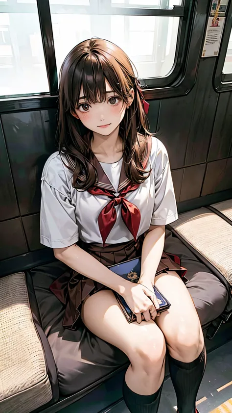 Japanese , sitting on a train seat, reading a book, wearing a sailor uniform, white shirt, red ribbon, brown leather shoes, blac...