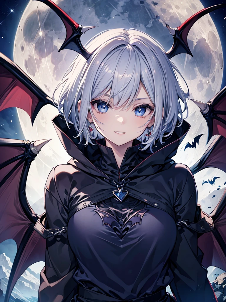 ((((vampire　Inflammation))))　(((Gray Hair　short hair　blue eyes　woman　Center close-up)))，((night　full moon　My own big wings))，(Wearing a hood　Black camisole　Purple light　Wearing a cape)，　Creepy Smile　Showing teeth　Shining Background　Shining Edges