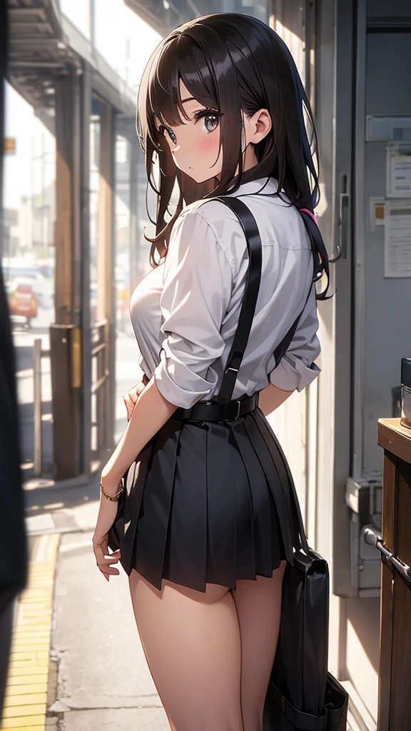 Brown hair、watching at viewers　　　black ギターを弾くsuspenders　　　Bulging big breasts　　 　 　　　walls: 　Black miniskirt　garters　　　　　　Gaze　　　Small face　bangss 　　　holster　　　Beautuful Women　　hands up　　レッグholster ベッドに横たわる　　Gaze 　黒いブーツ Panchira　provocation　　soio 　arm　In the car　Fold your hands behind your back　belt dark face　Panchira