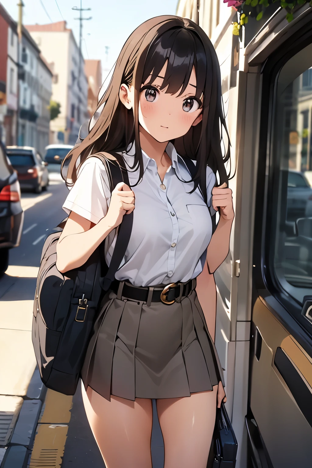 Brown hair、watching at viewers　　　black suspenders　　　Bulging big breasts　　 　 　　　walls: 　Black miniskirt　garters　　　　　　Gaze　　　Small face　bangss 　　　holster　　　Beautuful Women　　hands up　　レッグholster ベッドに横たわる　　Gaze 　黒いブーツ Panchira　provocation　　soio 　arm　In the car　Fold your hands behind your back　belt dark face　Panchira