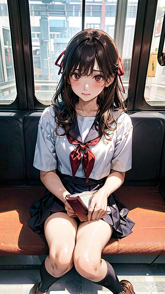 POV,Shiny, sweaty thighs,Japanese , sitting on a train seat, reading a book, wearing a sailor uniform, white shirt, red ribbon, brown leather shoes, black knee-high socks, peaceful expression, holding a book, train interior, morning light, calm atmosphere, urban setting, high quality, highly detailed, realistic photo, intricate details