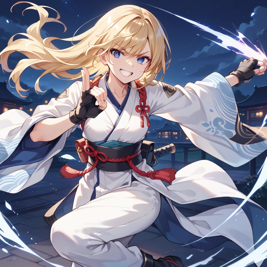 score_9, score_8_superior, score_7_superior, Highest quality, masterpiece, sauce_anime,  Blonde, blue eyes,Fingerless gloves, White kimono, Grin, 
Combat Stance,night,  