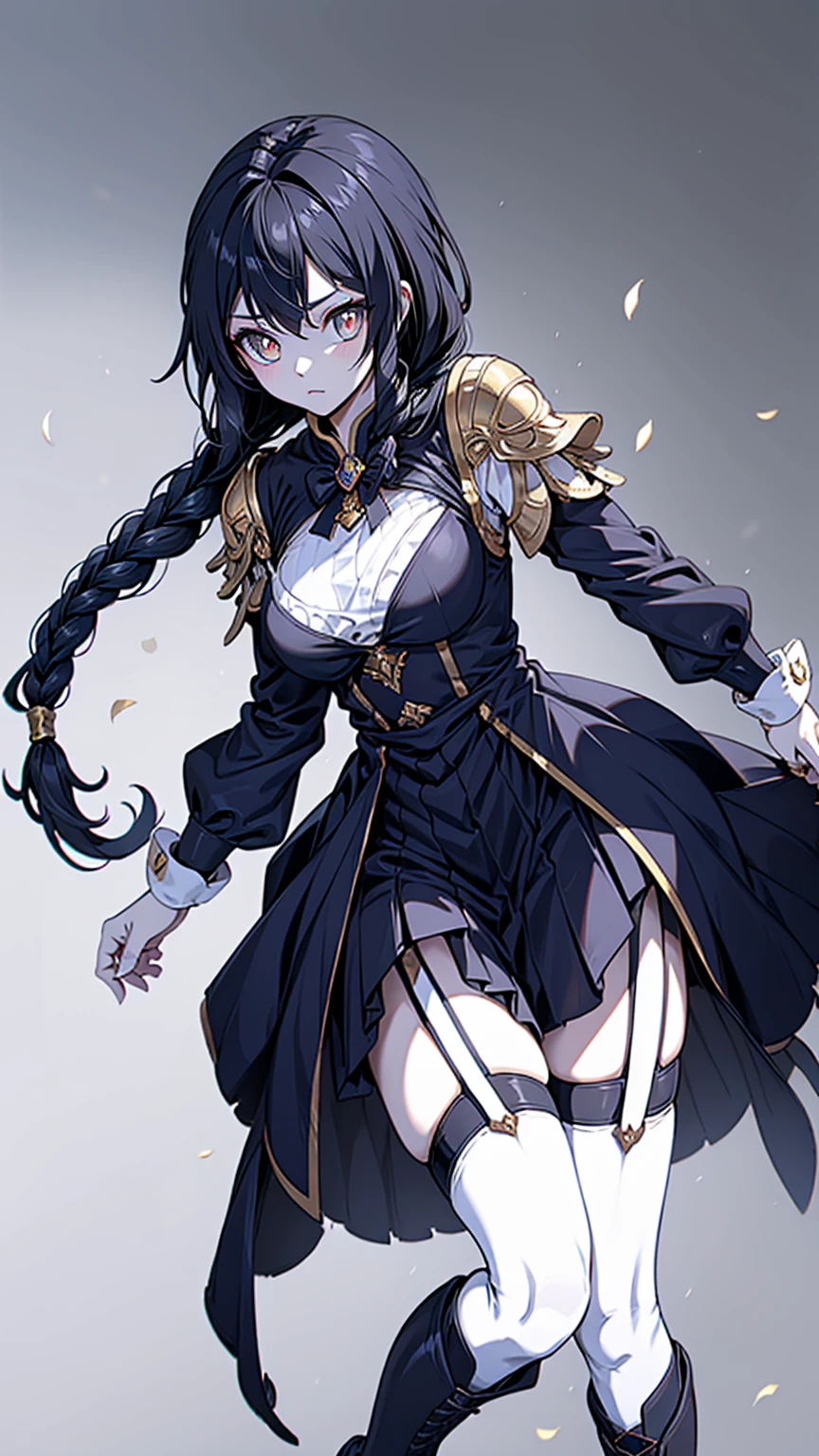 Correct body proportions，Golden ratio，braid，braid，braid，braid，Braid，单侧braid，单条braid，Dress，蓝色Dress，Blue skirt，Off-shoulder装，Off-shoulder，Black Hair，Black Hair，Golden Eyes，Golden pupils，Golden pupils，Golden pupils，Golden Eyes，Golden pupils，Golden pupils，Golden Eyes，Golden Eyes，Golden pupils，White lace trim，White knee socks，White garter stockings，White knee socks，White socks，White tights，White Silk，Waist，Waist，Waist，Black boots，Black boots，Sassy，Handsome，murderous，murderous，Vicious，cool girl，Mature girl，Busty girl，Fantasy style，Fantasy style，Close-up above the waist，Big breasts，Big breasts，Fantasy style，Dark Style，Gothic style