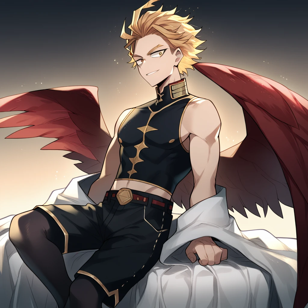 only, blonde boy, slicked back hair, some strands protrude from the front, gold eyes,  small black lines under your tear ducts, red wings on the back, delicate ranges, With curves, Clothes, black sleeveless long collar shirt, dark shorts, long dark thigh high stockings, smiling lasciviously, sitting on a white blanket, Boku no hero academia, Hawks 