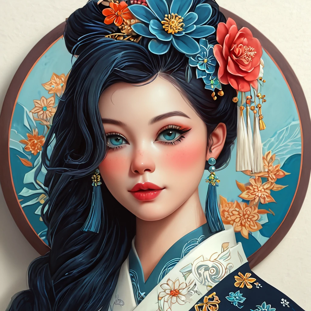 丸枠, 丸い円, 円形, create a Japanese 円形 seal kamon (非常にカラフルでコントラストがある) 白い背景に写真のサイズで, 中央に花柄のアールデコ模様が描かれた藍色と金色のアールデコの円と、見事な美しい漢服の少女の絵 (長い黒髪)豪華な模様と大きな花の漢服の頭飾りがついた美しいデザインの衣服. she is posing in front of plain graphic japanese background inside the 丸枠. 菊のテーマ