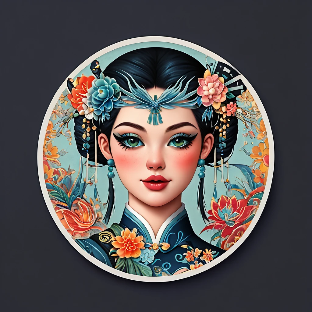 round frame, round circle, circular, create a Japanese circular seal kamon (very colorful with contrast) in the size of the picture on a white background, an indigo-gold art deco circle with a floral art deco pattern in the middle the picture of a stunning beautiful hanfu girl (long black hair)with a beautifully designed clothing with georgeous patterns and massive flower hanfu headpiece. she is posing in front of plain graphic japanese background inside the round frame. chrysantheme