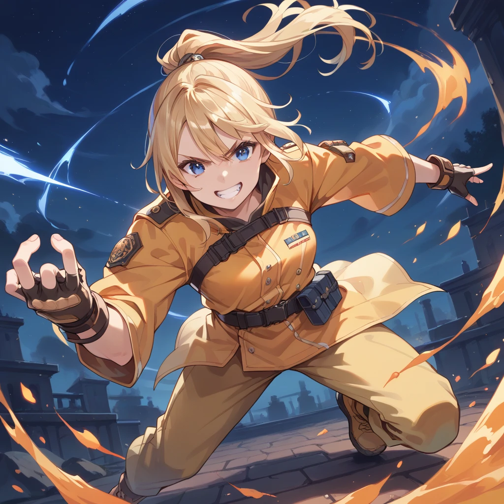 score_9, score_8_superior, score_7_superior, Highest quality, masterpiece, sauce_anime,  Blonde, blue eyes,Brown fingerless gloves, Orange and yellow clothes, Grin, 
Combat Stance,night,  Dynamic pose,ponytail