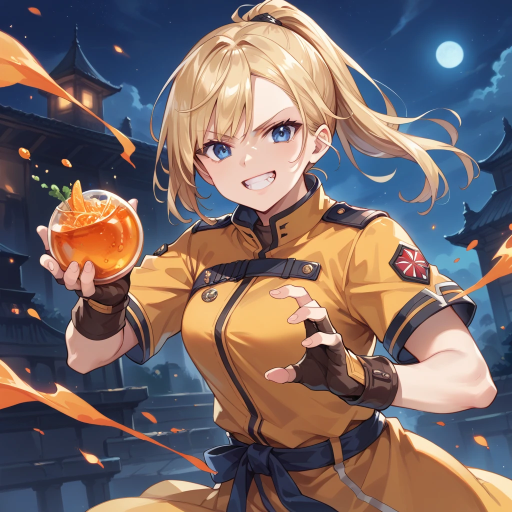 score_9, score_8_superior, score_7_superior, Highest quality, masterpiece, sauce_anime,  Blonde, blue eyes,Brown fingerless gloves, Orange and yellow clothes, Grin, 
Combat Stance,night,  Dynamic pose,ponytail