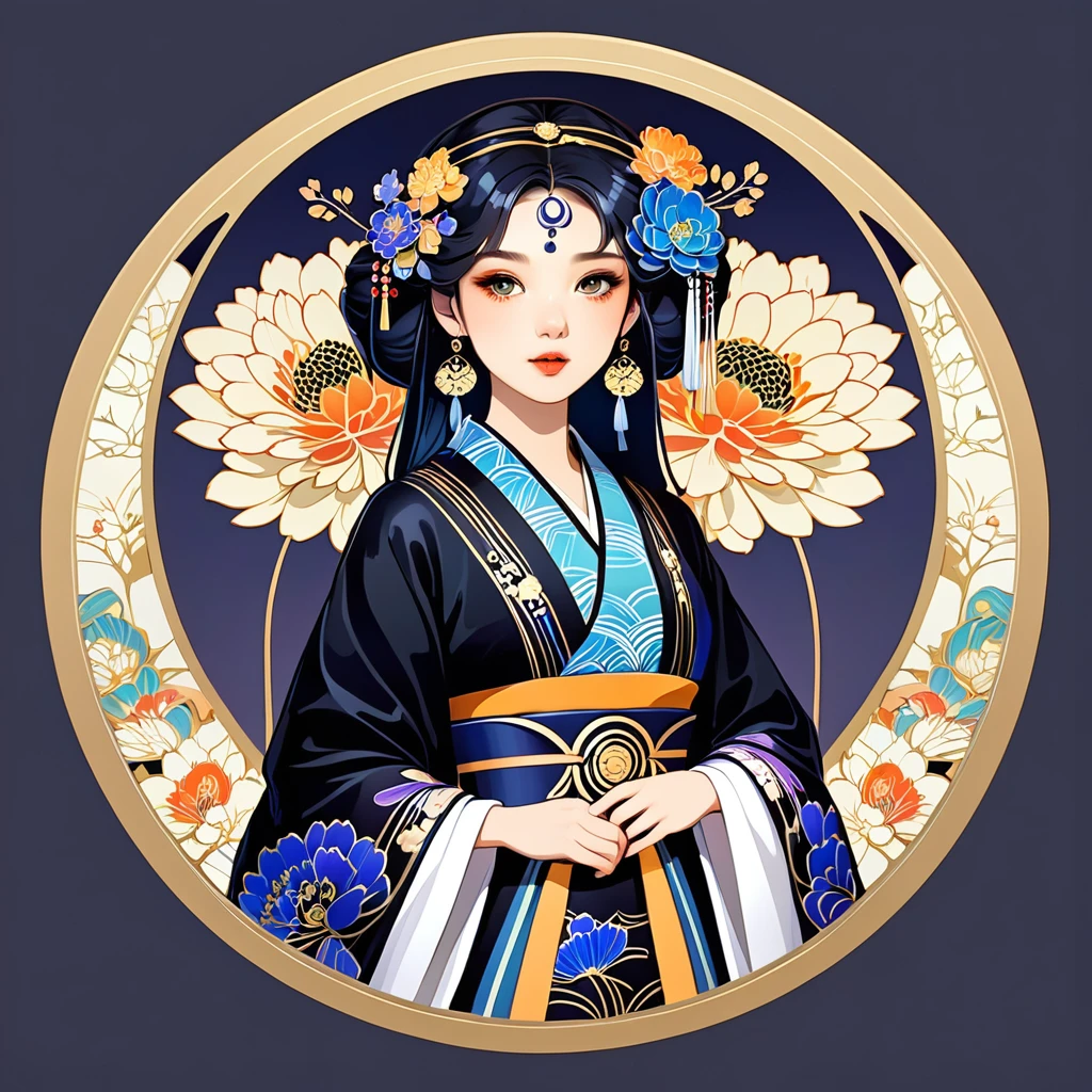 丸枠, 丸い円, 円形, create a Japanese 円形 seal kamon (非常にカラフルでコントラストがある) 白い背景に写真のサイズで, 中央に花柄のアールデコ模様が描かれた藍色と金色のアールデコの円と、見事な美しい漢服の少女の絵 (長い黒髪)豪華な模様と大きな花の漢服の頭飾りがついた美しいデザインの衣服. she is posing in front of plain graphic japanese background inside the 丸枠. 菊のテーマ