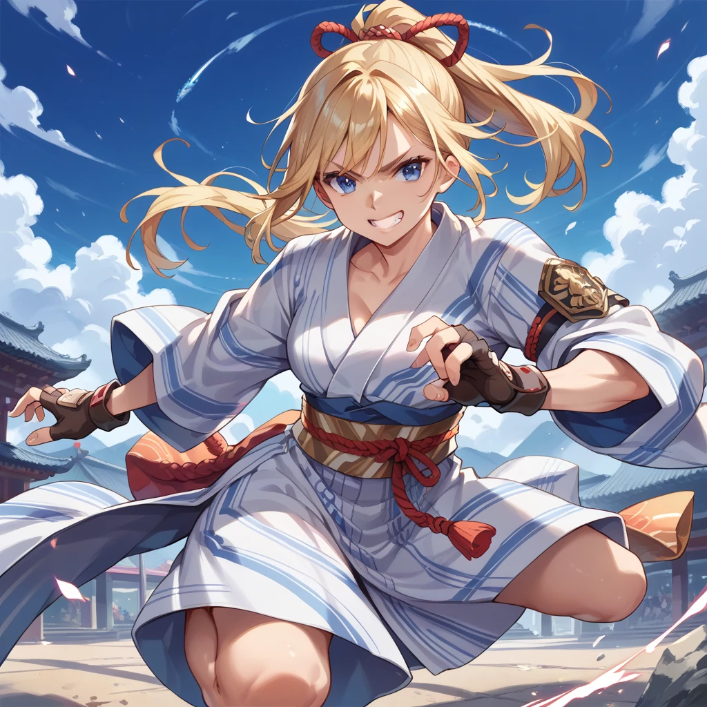 Highest quality, masterpiece, sauce_anime,  Blonde, blue eyes,Brown fingerless gloves, A yukata with orange and yellow as the base colors, Grin, 
Combat Stance,Dynamic pose,ponytail