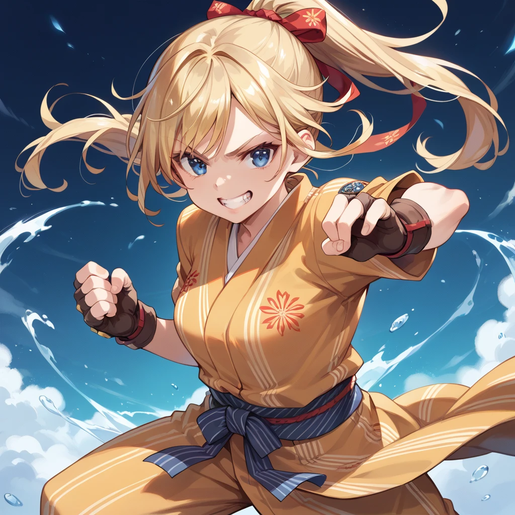 Highest quality, masterpiece, sauce_anime,  Blonde, blue eyes,Brown fingerless gloves, A yukata with orange and yellow as the base colors, Grin, 
Combat Stance,Dynamic pose,ponytail