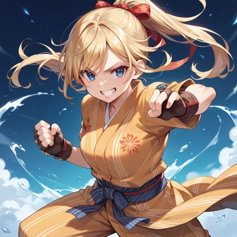 Highest quality, masterpiece, sauce_anime,  Blonde, blue eyes,Brown fingerless gloves, A yukata with orange and yellow as the ba...