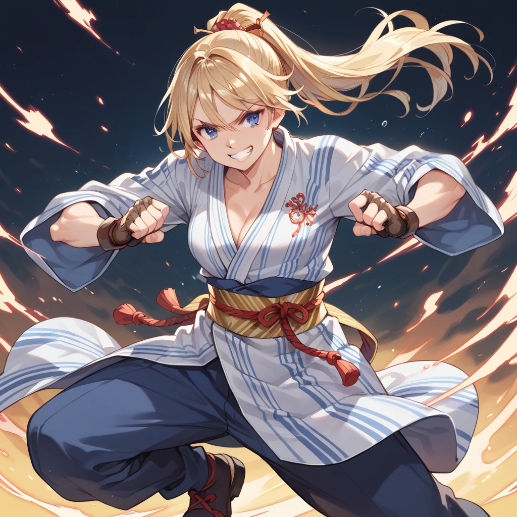 Highest quality, masterpiece, sauce_anime,  Blonde, blue eyes,Brown fingerless gloves, A yukata with orange and yellow as the base colors, Grin, 
Combat Stance,Dynamic pose,ponytail