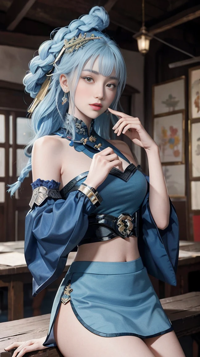 ((pretty face)), The face is extremely delicate,(best quality),(Very detailed cg 8k wallpaper), masterpiece, extremely del-0000((big breasts)), 1 girl, alone, long hair, looking at the audience, hair accessories, skirt, Keep, bare shoulders, Keep your mouth shut, blue hair, yellow eyes, braid, artist name, cover navel, blue skirt, Chinese clothes, china skirt, hand fan, folding fan, light blue hair, Keep fan, Jordyn Whitmer, (masterpiece,best quality:1.5), (masterpiece,best quality:1.5), Hold the fan in your right hand, There is no fan in my left hand, Chinese Imperial Palace, Feudal China, wooden castle, lake, (lantern), shiny, (masterpiece,best quality:1.5), (masterpiece,best quality:1.5)