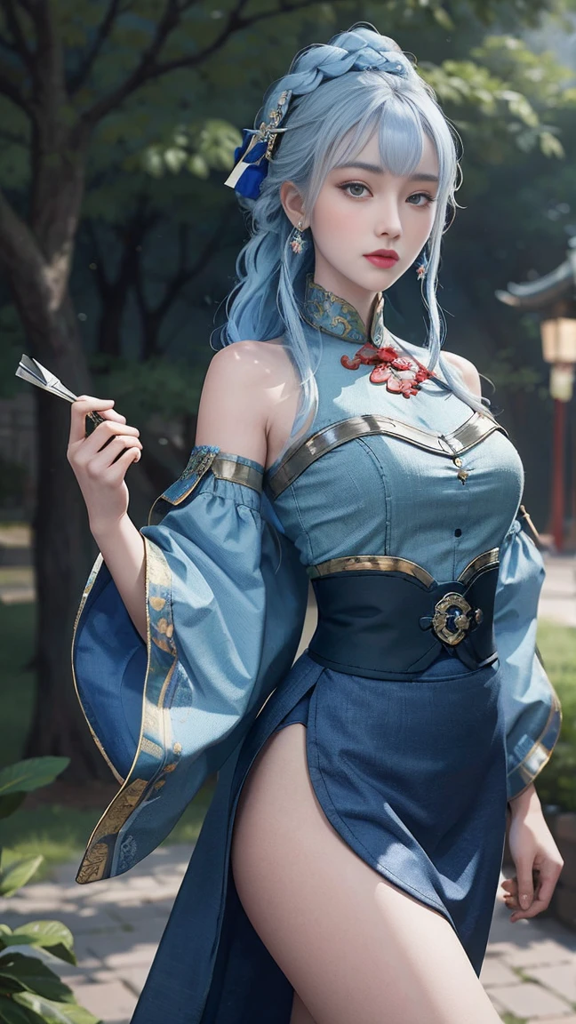 ((pretty face)), The face is extremely delicate,(best quality),(Very detailed cg 8k wallpaper), masterpiece, extremely del-0000((big breasts)), 1 girl, alone, long hair, looking at the audience, hair accessories, skirt, Keep, bare shoulders, Keep your mouth shut, blue hair, yellow eyes, braid, artist name, cover navel, blue skirt, Chinese clothes, china skirt, hand fan, folding fan, light blue hair, Keep fan, Jordyn Whitmer, (masterpiece,best quality:1.5), (masterpiece,best quality:1.5), Hold the fan in your right hand, There is no fan in my left hand, Chinese Imperial Palace, Feudal China, wooden castle, lake, (lantern), shiny, (masterpiece,best quality:1.5), (masterpiece,best quality:1.5)