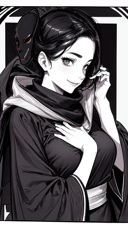 Highest quality, (Background details), High Contrast, Very beautiful woman, Detailed original illustrations, functional, Delicate face, Ninja, Ninja costume, scarf, mask, whole body、Charm, Bad boy, sexy, Real breasts, Crazy Smile, Crazy Eyes, Black Robe, Black background, (Black background: 1. 5), Beautiful line art, Monochrome