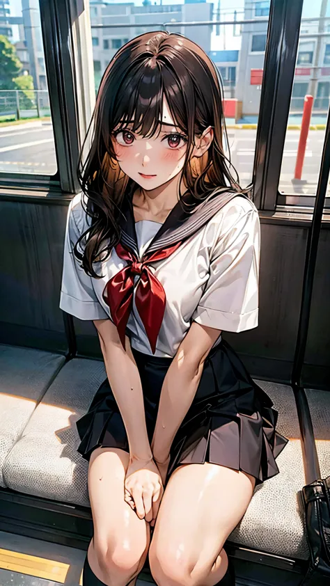 POV,Shiny, sweaty thighs:1.5,open legs,Japanese , sitting on a train,reading a book,sailor uniform, white shirt, red ribbon, bro...