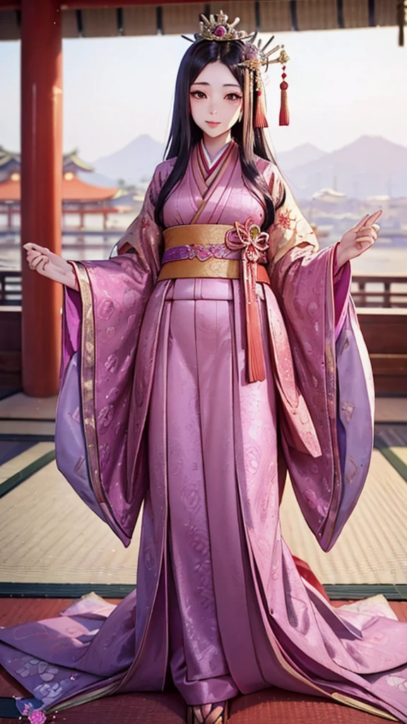 　A beautiful 15-year-old Japanese princess from the Sengoku period with long black hair　Gorgeous embroidery, Ultra glossy, She is wearing a shiny Edo-period princess kimono.　She's having sex　