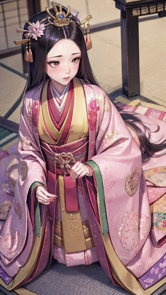 　A beautiful 15-year-old Japanese princess from the Sengoku period with long black hair　Gorgeous embroidery, Ultra glossy, She is wearing a shiny Edo-period princess kimono.　She's having sex　