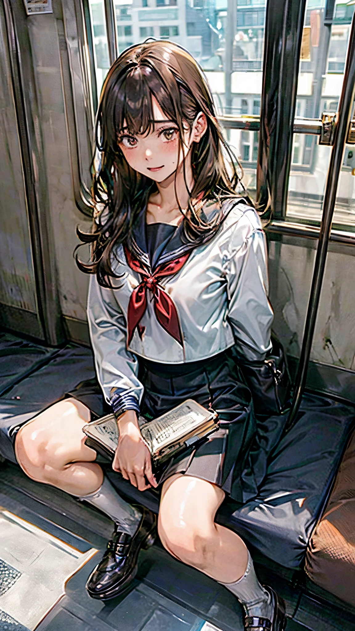 POV,Shiny, sweaty thighs:1.5,open legs,Japanese , sitting on a train,reading a book,sailor uniform, white shirt, red ribbon, brown leather shoes, skirt lirt,black skirt,black high socks, orgasm expression, train interior, morning light, calm atmosphere, urban setting, high quality, highly detailed, realistic photo, intricate details