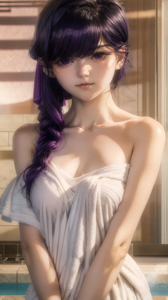 shokokomidef, purple hair, purple eyes, long hair,
looking at viewer, blush, bangs, towel, collarbone, breasts, naked towel, bare shoulders, upper body, warm light, hotsprings
masterpiece, best quality, clear eyes, perfect eyes