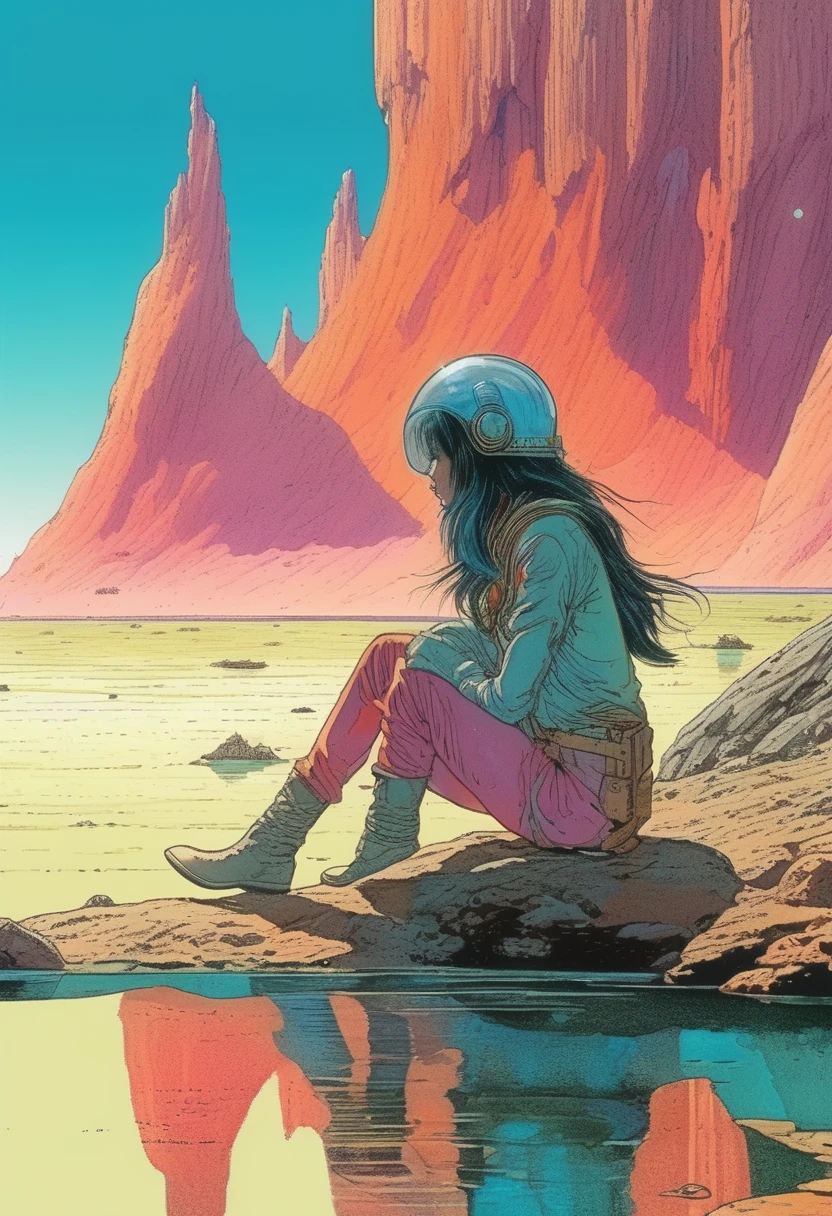 Mobis (Jean Giraud) Style - A picture by Jean Giraud Mobis, The picture shows an interstellar girl resting by the water., 巨大的恐龙骨骼背景western backdrop in Mobis' signature style with sharp detailing and vibrant colors. Shot with Panavision Panaflex Gold II and Ultra Panavision 70 lenses, The image is full of film grain and low-key lighting，It creates a mysterious and tense atmosphere.