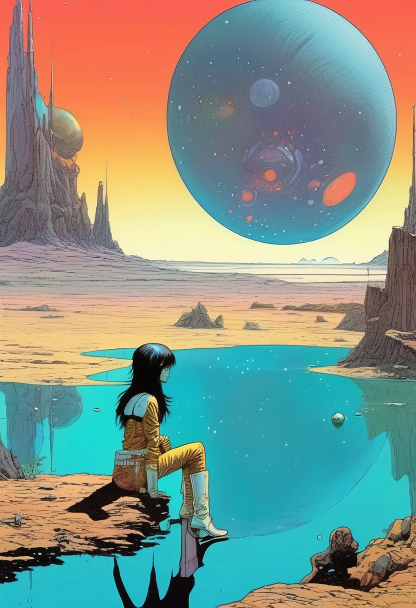 Mobis (Jean Giraud) Style - A picture by Jean Giraud Mobis, The picture shows an interstellar girl resting by the water., 巨大的恐龙骨骼背景western backdrop in Mobis' signature style with sharp detailing and vibrant colors. Shot with Panavision Panaflex Gold II and Ultra Panavision 70 lenses, The image is full of film grain and low-key lighting，It creates a mysterious and tense atmosphere.