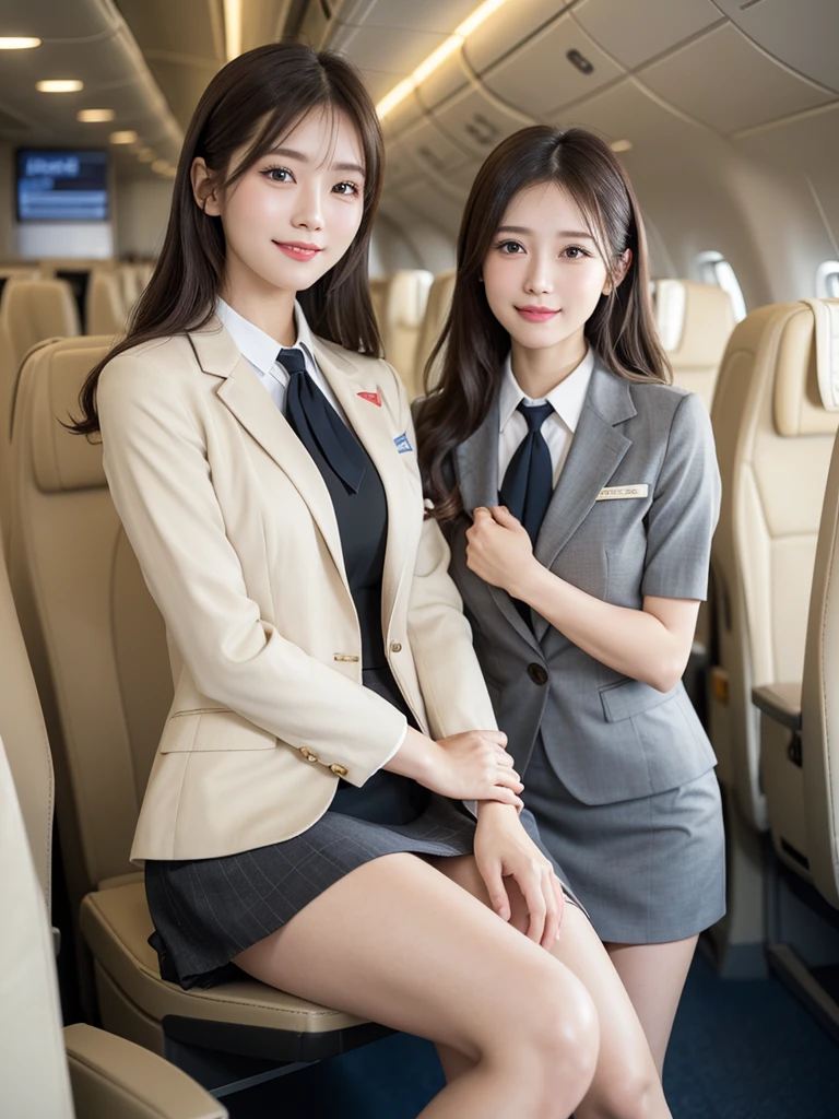 ​highest quality、8k、best image quality、Award-winning work), two beautiful women、radiant beautiful skin , masterpiece、top-quality、The ultra -The high-definition、depth of fields、lens flare 2 girls、、brown hair, watching at viewers glares, large breasts , stewardess uniform, (ivory stewardess blazer:1.3),  shirt, short ivory skirt, (white ysl high heels), perfect legs, model pose, view from below, smiling , flight cabin,
ពីរនាក់